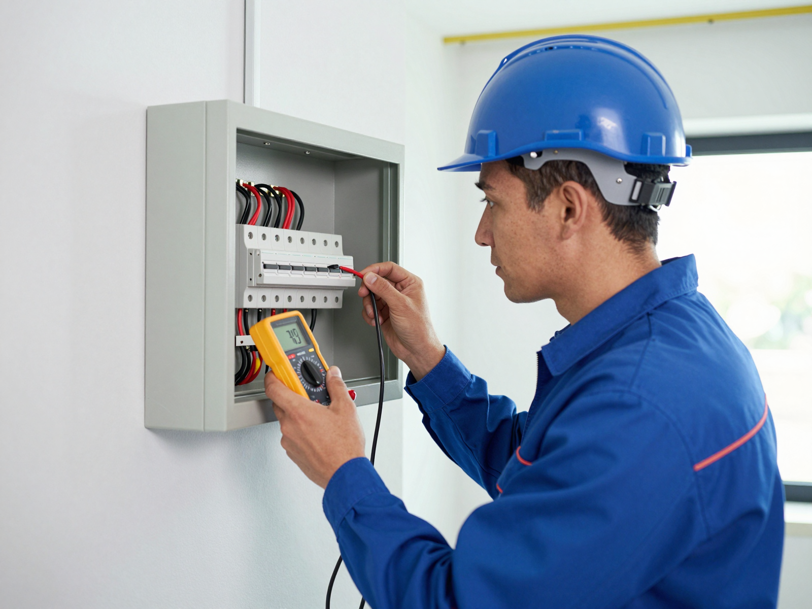 Close-up of electrician inspecting modern breaker panel with multimeter
