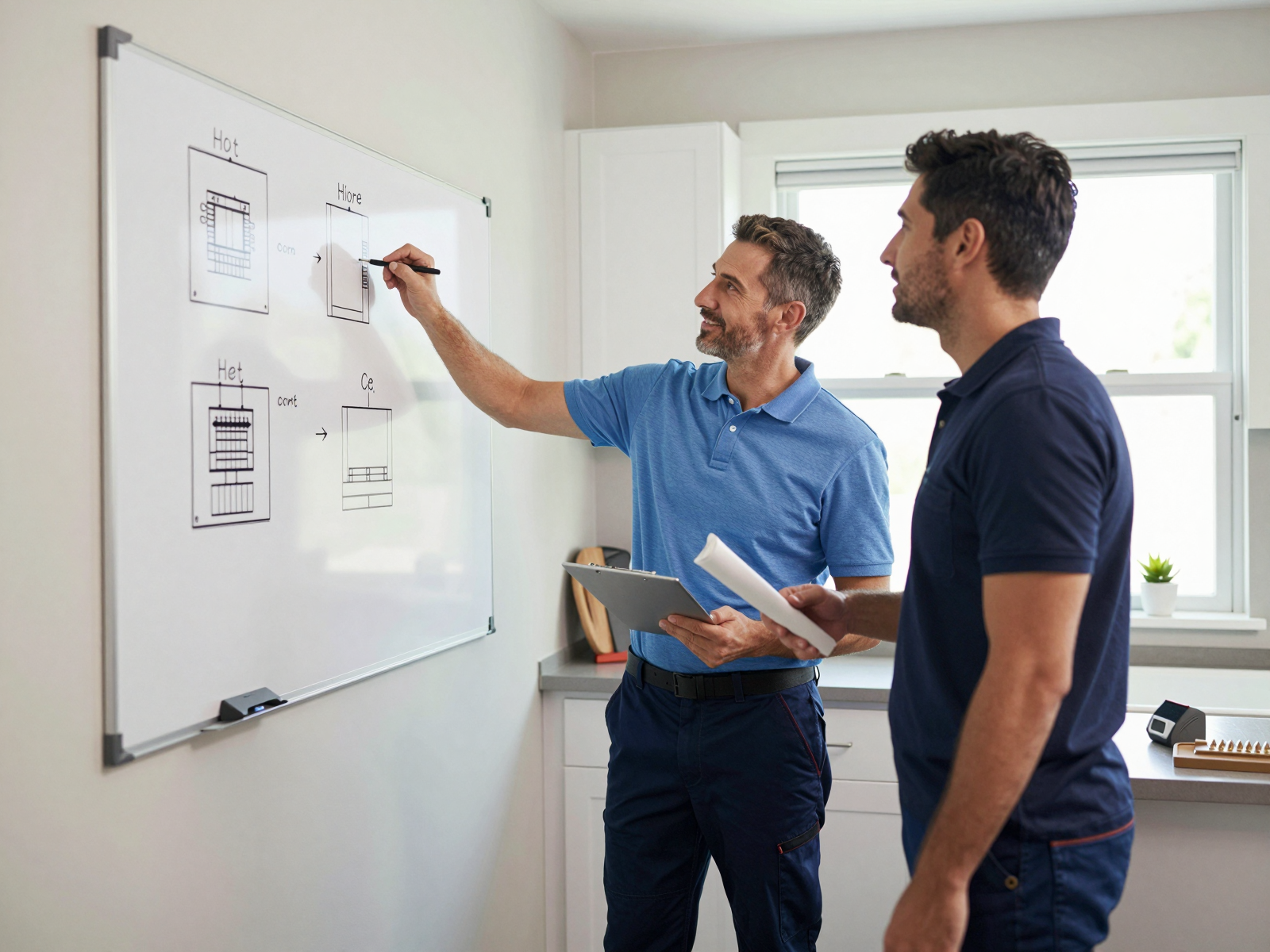 Electrician consulting with homeowner on electrical diagrams in bright kitchen