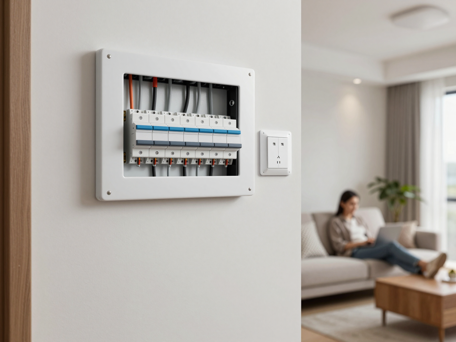 Completed electrical installation with modern breaker panel and smart lighting